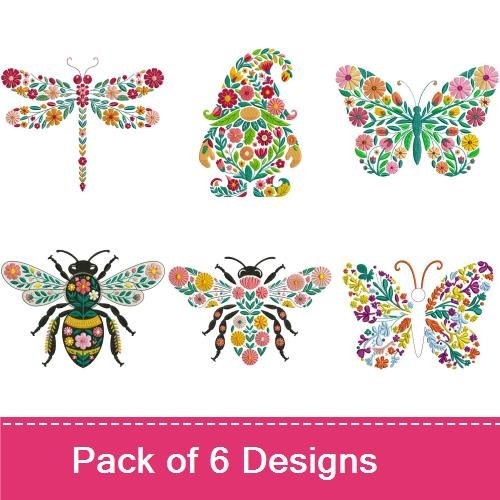 Floral Insects Embroidery Designs Bundle – Dragonfly with Flowers, Gnome with Floral Pattern, Butterfly with Flowers & More (6 Designs)