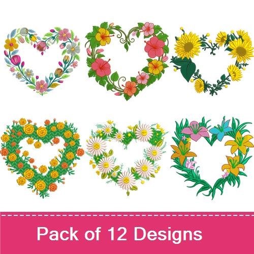 Floral Heart Wreaths Embroidery Designs Bundle – Daisy, Sunflower, Tropical Flower & More (12 Designs)