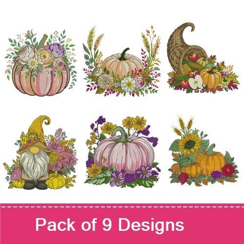 Autumn Pumpkin & Floral Embroidery Designs Bundle – Pumpkin with Flowers, Cornucopia with Fruits, Gnome with Pumpkin & More (9 Designs)