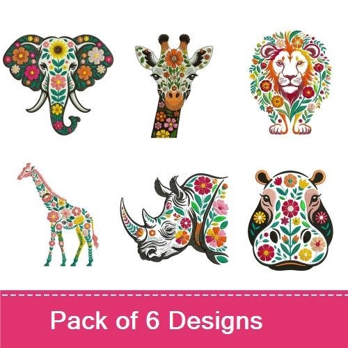 Floral Safari Animals Embroidery Bundle – Floral Elephant, Giraffe, Lion & More (6 Designs)