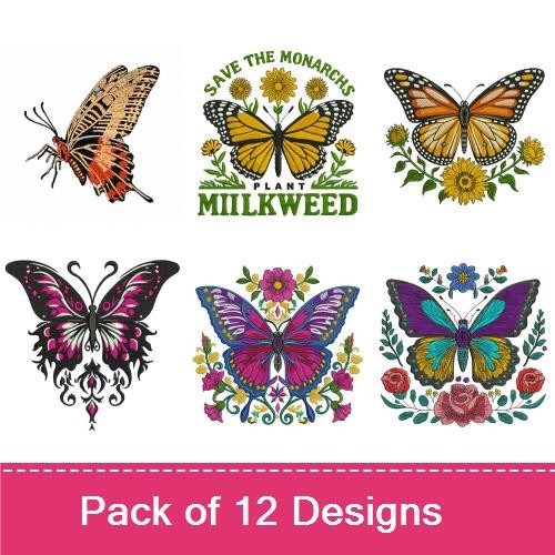 Colorful Butterflies Embroidery Designs Bundle – Large Colorful Butterfly, Blue Butterfly, Pink and Black Butterfly & More (12 Designs)