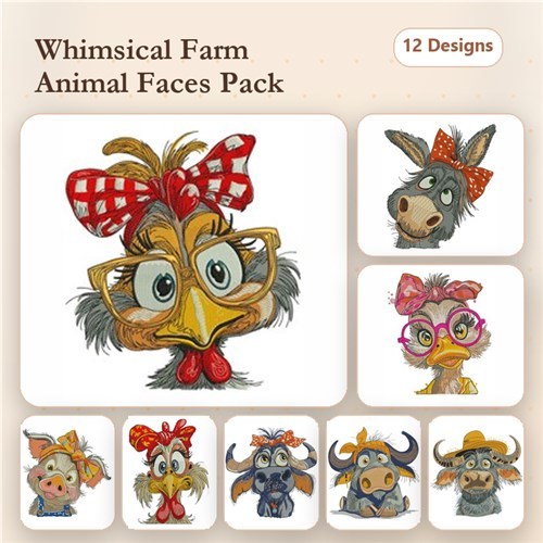 Farm Animal Embroidery Bundle – Cow with Bow, Goat with Bow, Donkey with Bow & More (12 Designs)
