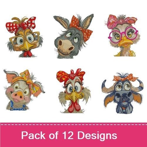 Farm Animal Embroidery Bundle – Cow with Bow, Goat with Bow, Donkey with Bow & More (12 Designs)