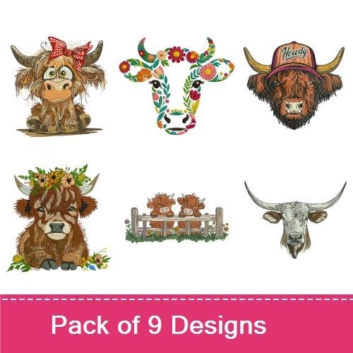 Highland Cow Embroidery Bundle – Whimsical Cow, Floral Crown Cow, Happy Cow & More (9 Designs)