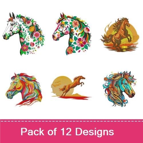 Colorful Horse Embroidery Bundle – Colorful Horse with Flowers, Floral Horse, Artistic Horse Profile & More (12 Designs)