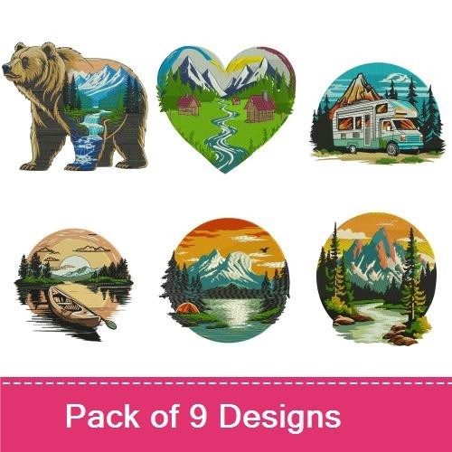 Mountain Wilderness Adventure Embroidery Bundle – Mountain Landscape, Bear, Cabin & More (9 Designs)
