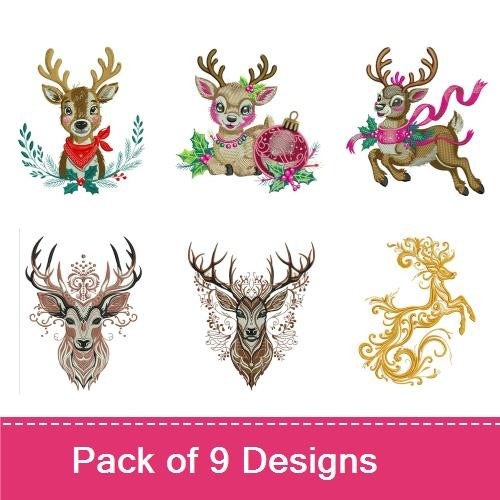 Festive Reindeer Embroidery Designs Bundle – Reindeer with Bandana, Holiday Reindeer with Flowers, & More (9 Designs)