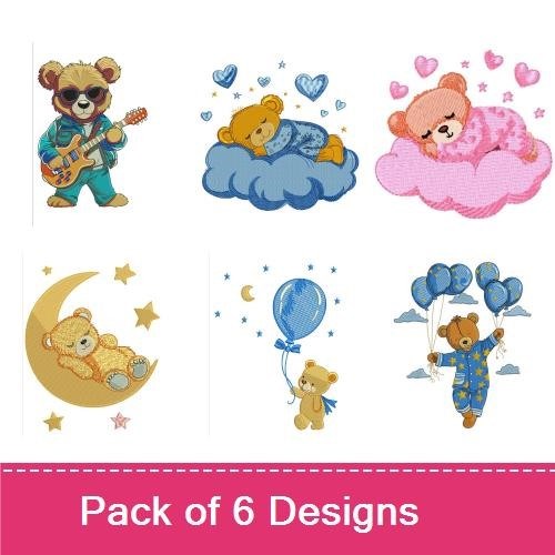 Teddy Bears Sleeping Embroidery Designs Bundle – Teddy Bear on Cloud, Sleeping Teddy Bear, Teddy Bear with Balloons & More (6 Designs)