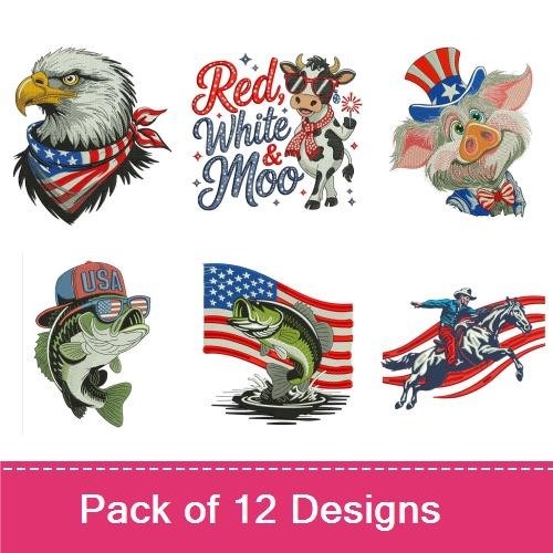 Patriotic Americana Embroidery Bundle – Eagle with Bandana, Cow with American Flag & More (12 Designs)