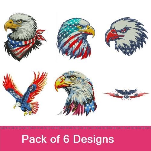 Patriotic Eagles Embroidery Bundle – Eagle with American Flag, Eagle Head Profile with Bandana, & More (6 Designs)