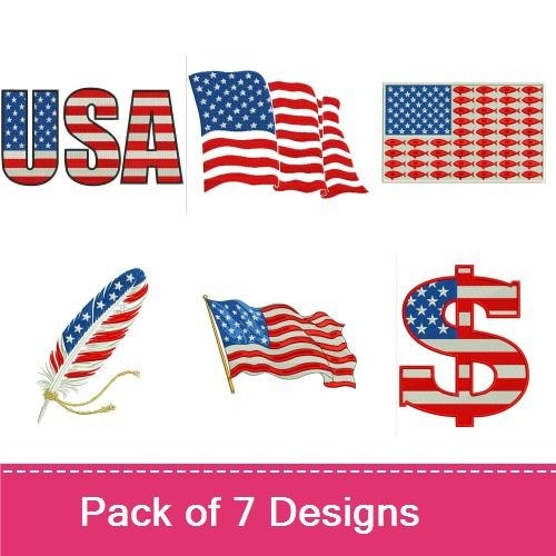 Patriotic USA Embroidery Designs Bundle – USA Flag, Waving USA Flag, USA Text & More (7 Designs)