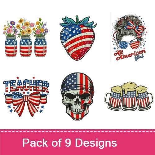 Patriotic Themed Embroidery Designs Bundle – All American Girl, Patriotic Strawberry, Skull with American Flag & More (9 Designs)