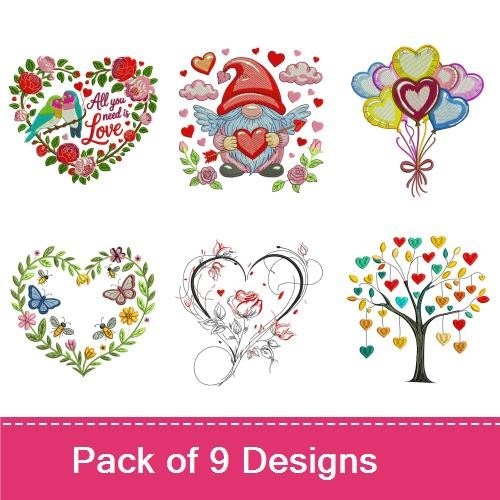 Valentine's Day Embroidery Designs Bundle – Love Birds, Valentine's Gnome, Puppy with Hearts & More (9 Designs)