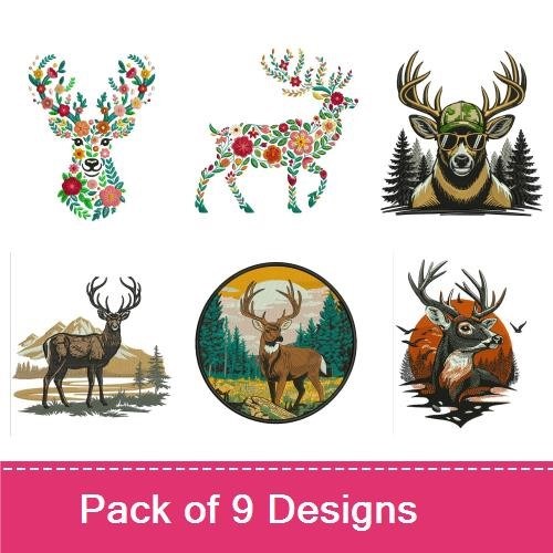 Floral Deer Embroidery Designs Bundle – Floral Deer Head, Decorative Deer with Flowers & More (9 Designs)