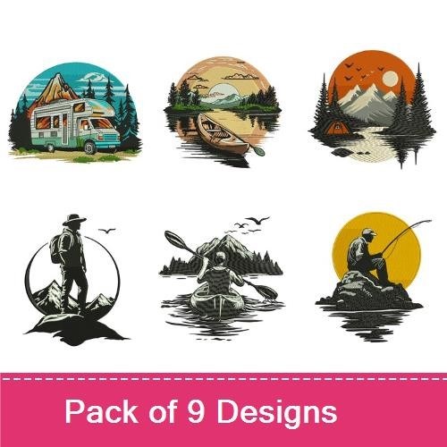 Outdoor Adventure Embroidery Designs Bundle – Camper Van, Hiker, Fishing Scene & More (9 Designs)