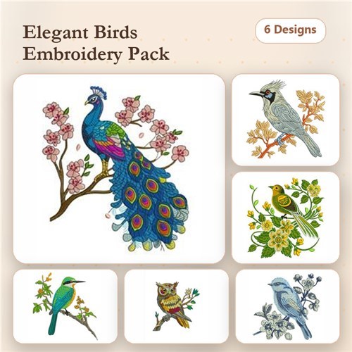 Birds Embroidery Bundle – Yellow Bird, Peacock, Blue Bird, Owl & More (6 Designs)