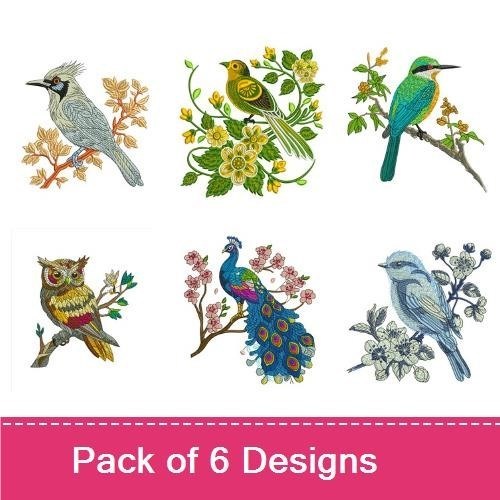 Birds Embroidery Bundle – Yellow Bird, Peacock, Blue Bird, Owl & More (6 Designs)