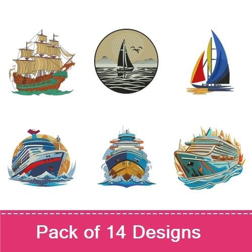 Boats and Sailing Embroidery Designs Bundle – Sailing Ship, Kayaking Silhouette, Anchor Design & More (14 Designs)