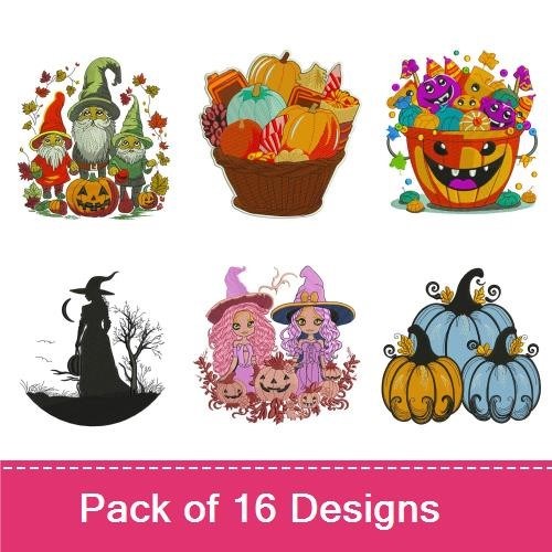 Halloween & Autumn Embroidery Designs Bundle – Gnomes with Pumpkins, Halloween Candle, Skull with Flowers & More (16 Designs)