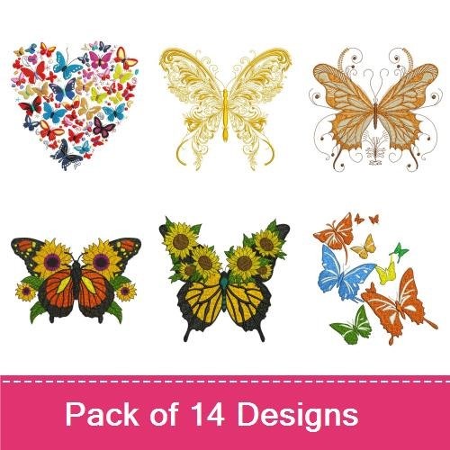 Elegant Butterflies Embroidery Designs Bundle – Colorful Butterfly with Flowers, Ornate Floral Butterfly, & More (14 Designs)