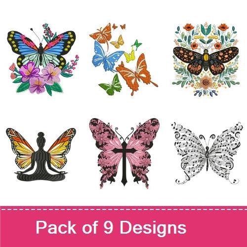 Butterfly & Floral Embroidery Designs Bundle – Elegant Butterfly with Flowers, Colorful Butterfly, & More (9 Designs)