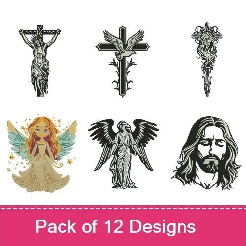 Christian Symbols & Angels Embroidery Designs Bundle – Angel with Wings, Celtic Cross, Crown of Thorns & More (12 Designs)