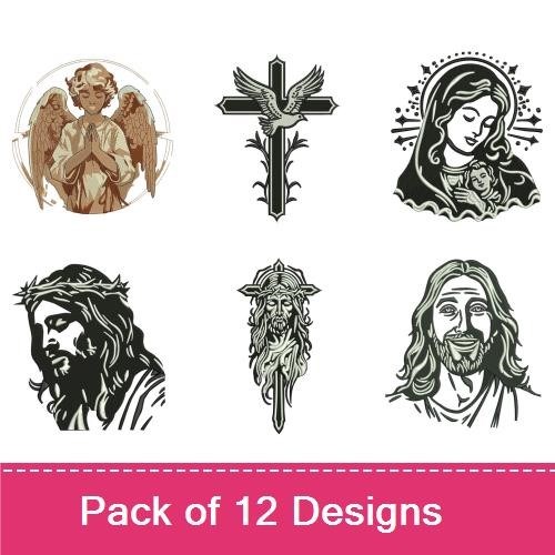 Christian Faith Embroidery Designs Bundle – Angel with Wings, Crucifixion, Floral Cross & More (12 Designs)