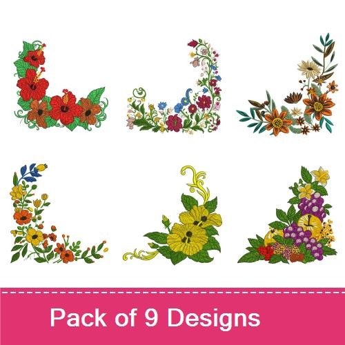 Floral Corner Embroidery Bundle – Hibiscus, Poppy, Mixed Flower & More (9 Designs)