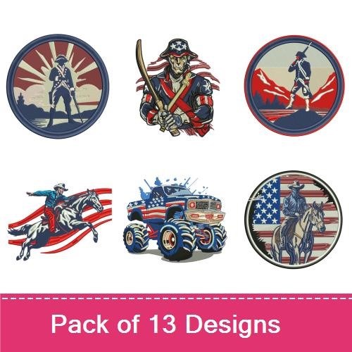 Country Patriotic Americana Embroidery Designs Bundle – Pickup Truck with American Flag, Eagle with American Flag, Patriotic Bear & More (13 Designs)
