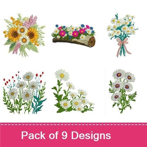 Floral Embroidery Designs Bundle – Daisy Flower Bouquet, Wildflower Arrangement, Blue Daisy Cluster & More (9 Designs)