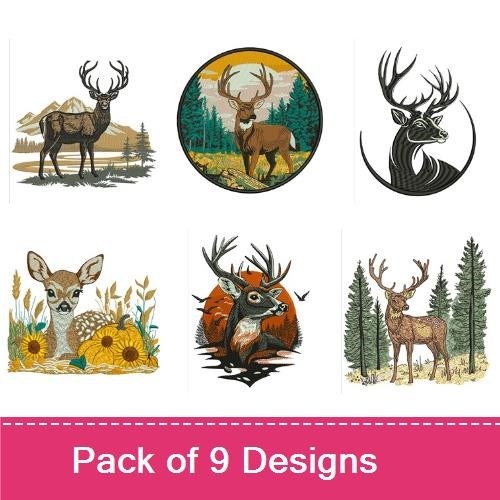 Deer & Stag Embroidery Designs Bundle – Deer in Forest, Floral Deer Wreath, Stag with Mountains & More (9 Designs)