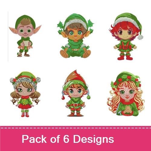Festive Elves Embroidery Designs Bundle – Elf with Holly, Elf with Gift, Elf Girl with Headband & More (6 Designs)