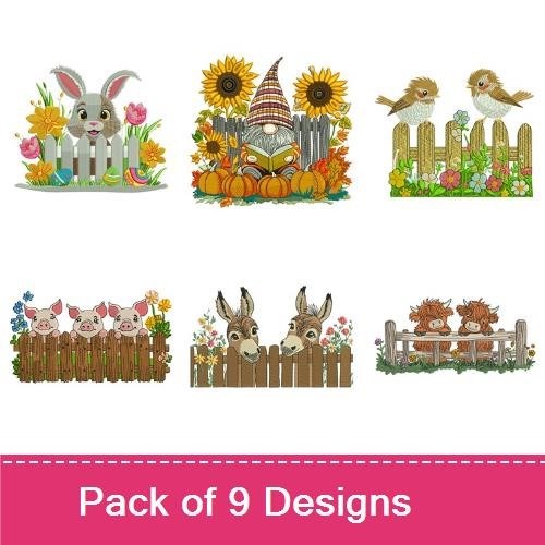 Farm Animal Embroidery Designs Bundle – Donkey with Flowers, Bunny Behind Fence, Sunflower Gnome & More (9 Designs)