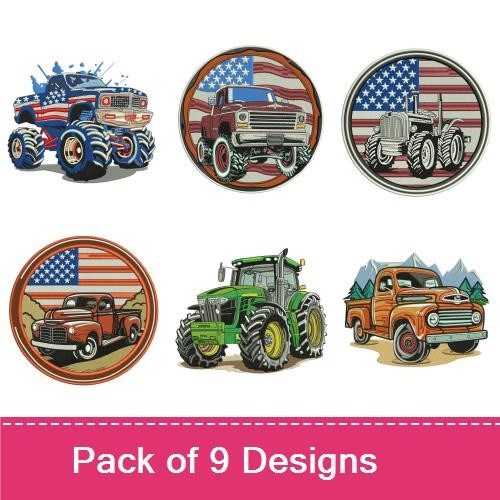 Farm Vehicle Embroidery Designs Bundle – Monster Truck with American Flag, Pickup Truck, Tractor & More (9 Designs)