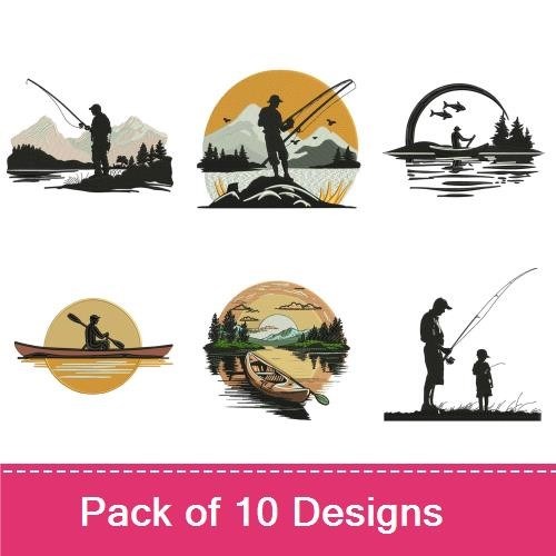 Fishing Embroidery Designs Bundle – Fisherman Silhouette, Morning Fishing Scene, Evening Fishing Scene & More (10 Designs)