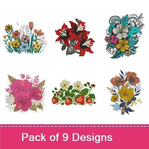 Colorful Floral Embroidery Designs Bundle – Bouquet of Flowers, Red Floral Arrangement, Blue Floral Cluster & More (9 Designs)