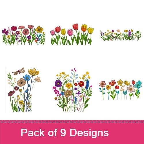 Floral Border Embroidery Designs Bundle – Sunflower, Pansy, Tulip, Daisy & More (9 Designs)