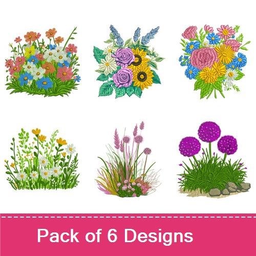Floral Garden Embroidery Designs Bundle – Wildflower Bouquet, Daisy Patch, Sunflower Bouquet & More (6 Designs)
