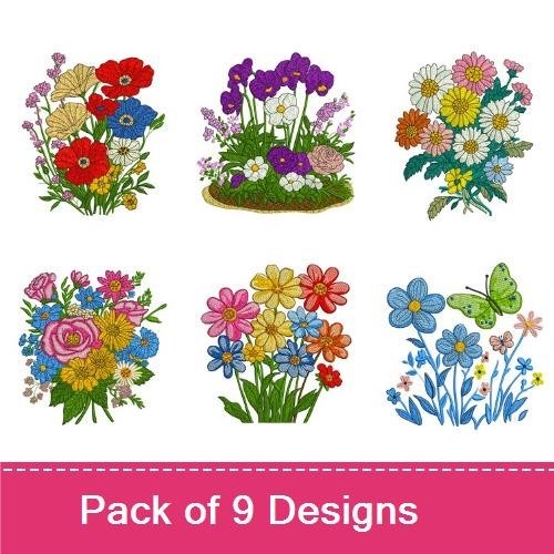 Colorful Floral Embroidery Designs Bundle – Poppies, Daisies, Wildflowers & More (9 Designs)