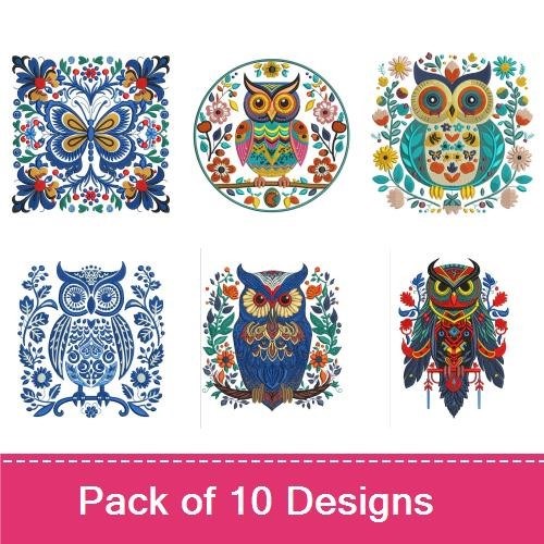 Folk Owl Embroidery Designs Bundle – Colorful Folk Owl, Floral Owl Design, Owl with Flowers & More (10 Designs)