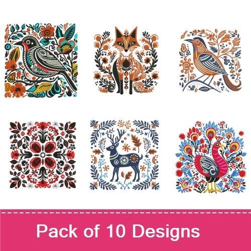 Folk Animal and Floral Embroidery Designs Bundle – Folk Bird, Folk Fox, Folk Deer & More (10 Designs)