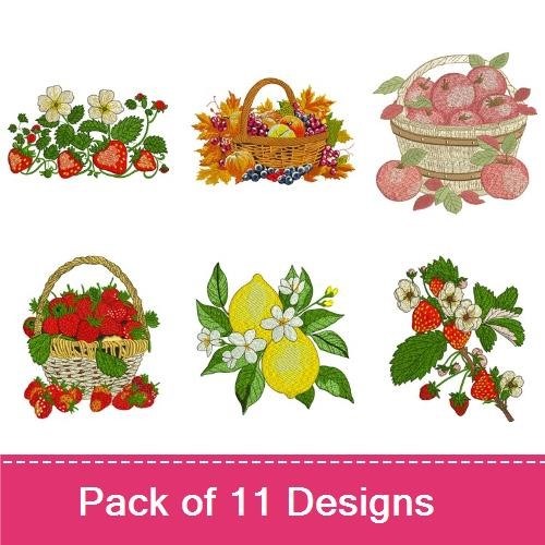 Fresh Fruits & Peppers Embroidery Designs Bundle – Fruit Basket, Strawberry Cluster, Cherry Blossom & More (11 Designs)