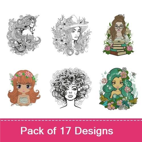 Elegant Girls and Fairies Embroidery Designs Bundle – Girl with Flowers and Hat, Fairy with Flowers, Girl with Curly Hair & More (17 Designs)