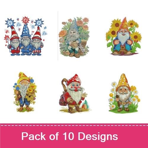 Gnome Gardening & Festive Embroidery Designs Bundle – Gardening Gnome, Sunflower Gnome, Heart Gnome & More (10 Designs)