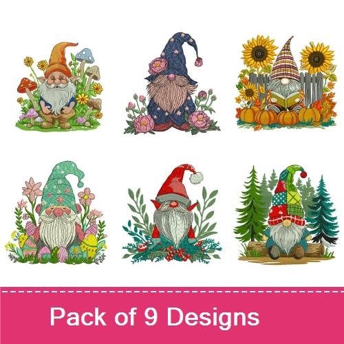 Gnome Embroidery Designs Bundle – Gnome with Guitar and Roses, Gnome with Heart, Gnome with Drums & More (9 Designs)