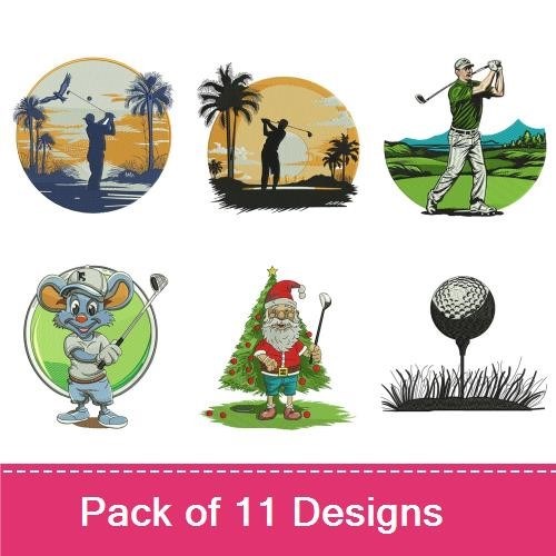 Golf Themed Embroidery Designs Bundle – Golf Cart, Golfer Swinging, Sunset Golf Scene & More (11 Designs)