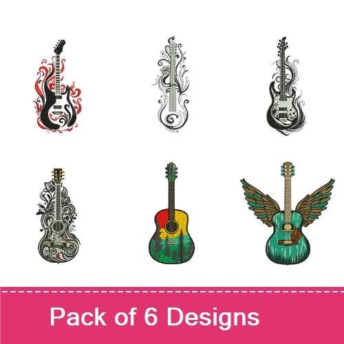 Artistic Guitar Embroidery Designs Bundle – Guitar with Flames, Ornate Guitar, Classic Guitar & More (6 Designs)