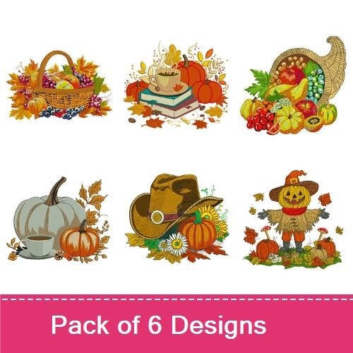 Autumn Harvest Embroidery Designs Bundle – Harvest Basket, Thanksgiving Cup, Cornucopia & More (6 Designs)