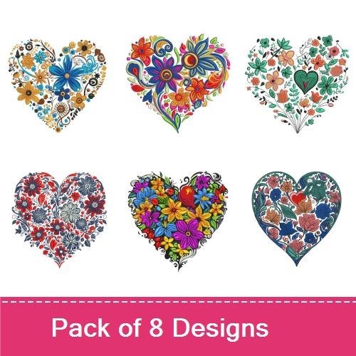 Colorful Floral Hearts Embroidery Designs Bundle – Heart with Red and Yellow Flowers, Blue Floral Heart & More (8 Designs)