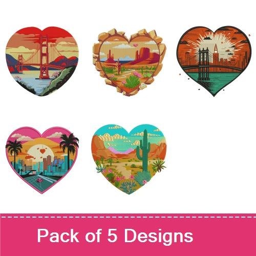 Heart-Shaped Landscape Embroidery Designs Bundle – Golden Gate Bridge Heart, Desert Heart Landscape, & More (5 Designs)